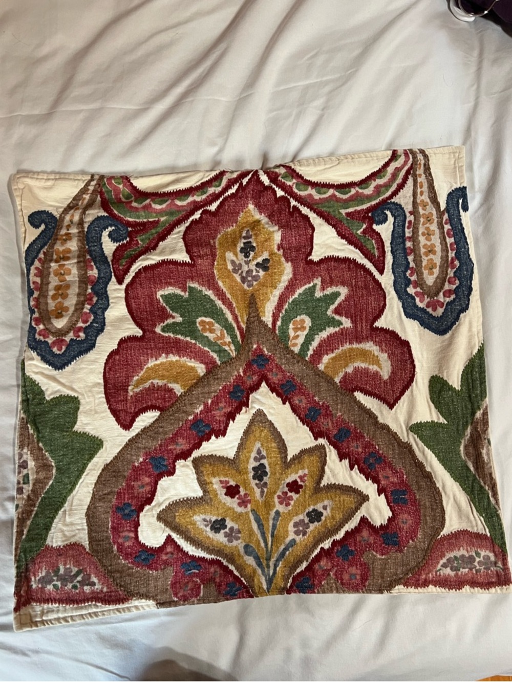 Pottery Barn Embroidered Boho Pillow Cover in Cream, Red, Green & Mustard